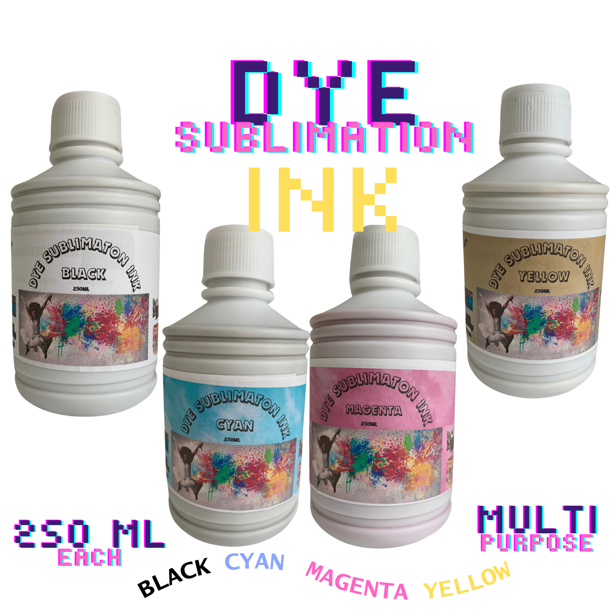 Sublimation Ink 4 Bottles (Set) Universal Each Bottle 250ML For Clothing / Refill for Epson Deskjet Printers Including C88 C88+ WF7720 WF7710 WF2750 WF3620 ET2720 ET2650 ET2750 and Others PRINTOXE Refill Bottles