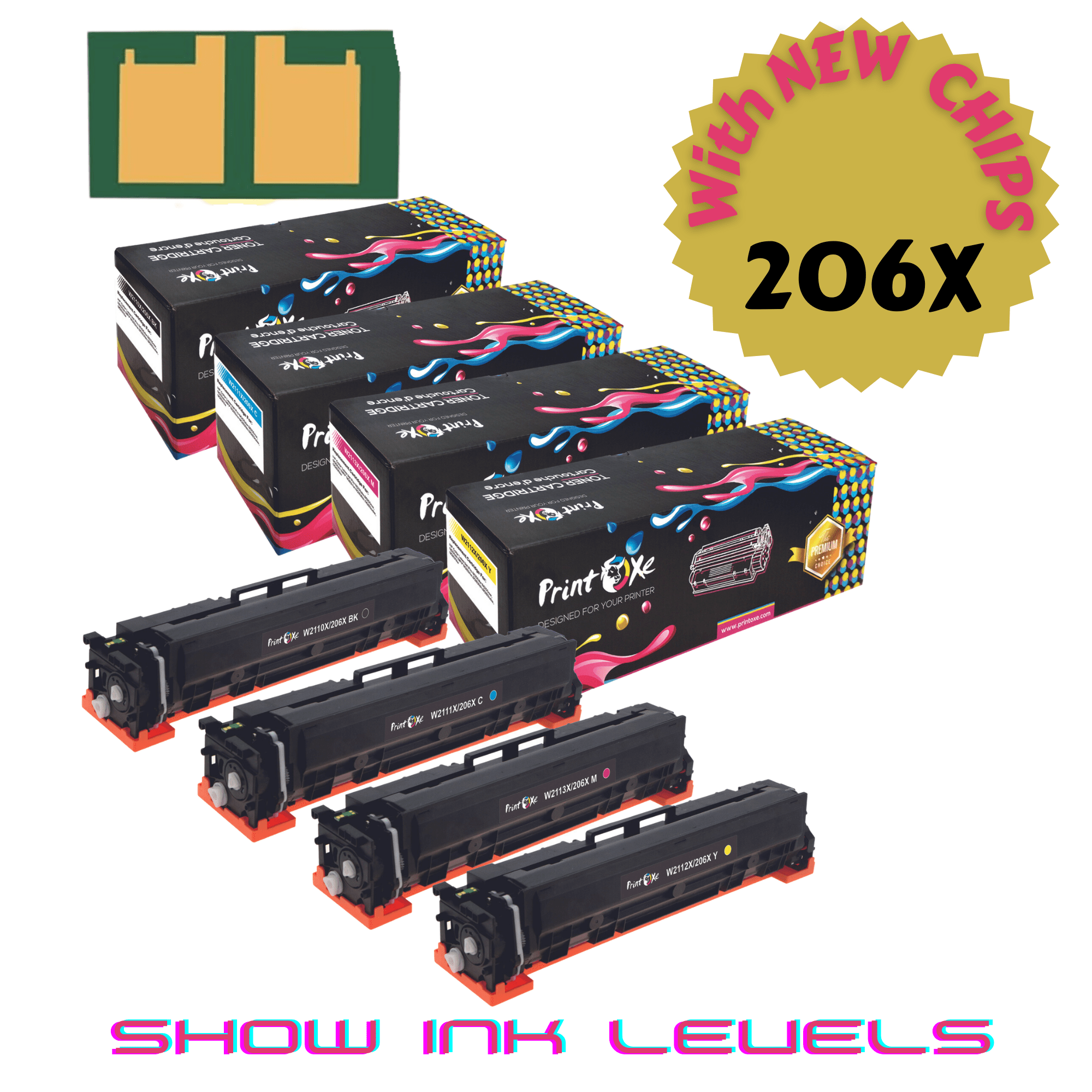 206X Compatible Set With CHIPs W2110X W2111X W2112X W2113X for HP Color LaserJet Pro M255dw M255nw & MFP M282nw MFP M283cdw M283fdn M283fdw PRINTOXE Toner Cartridges