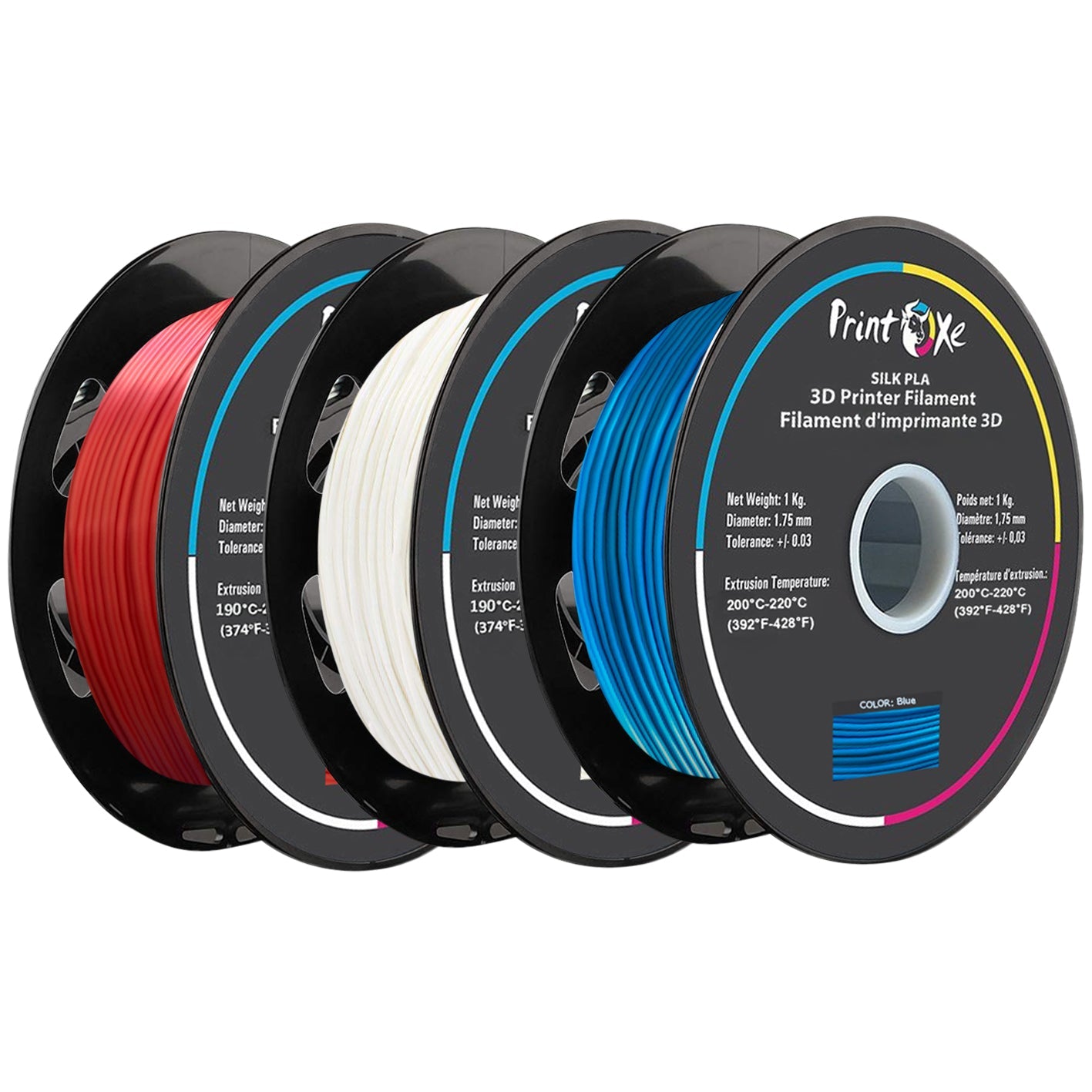 3D PLA like SILK Filament 3 Packs of Red White & Blue Each Weight 1 Kg Net PRINTOXE Filament