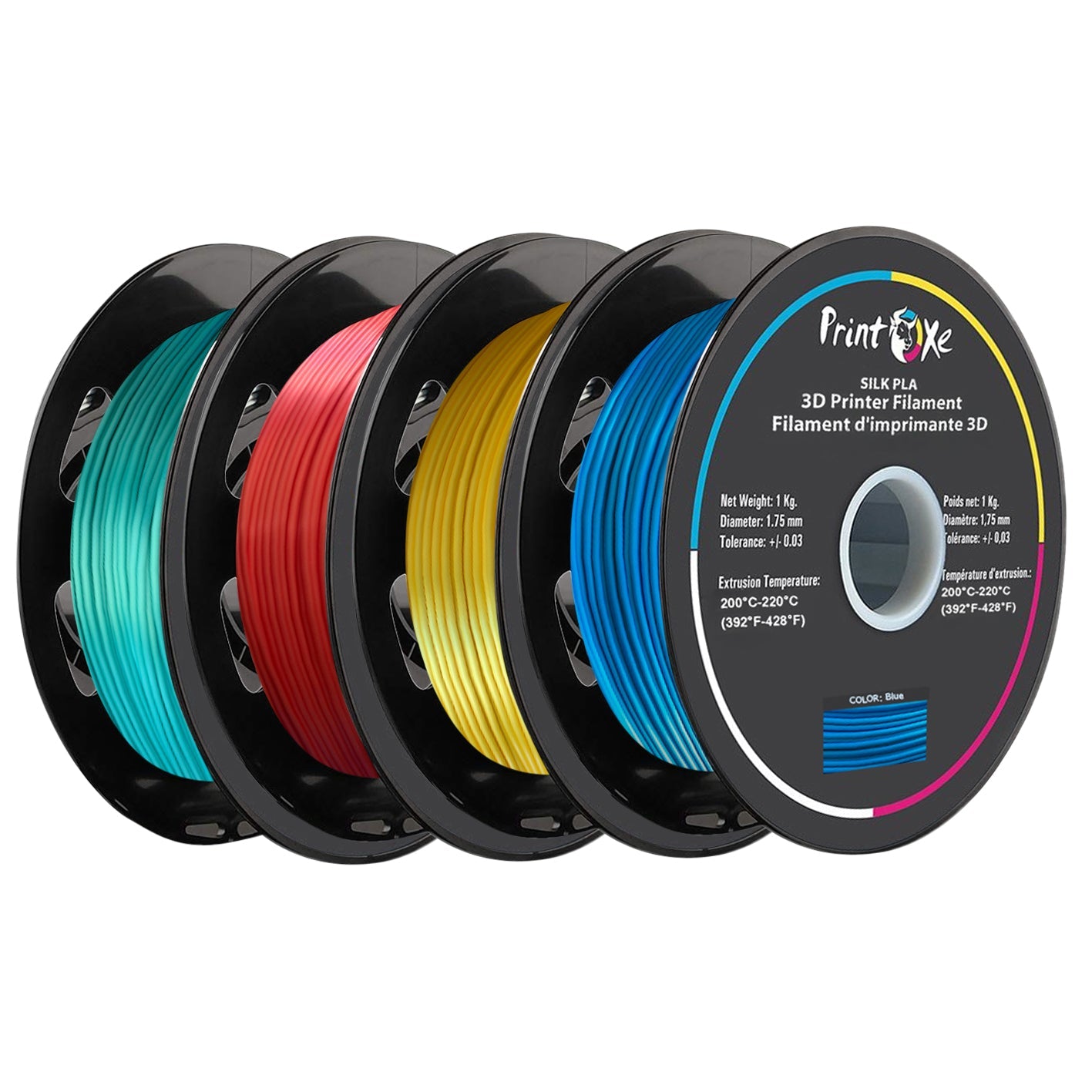 3D PLA like SILK Filament 4 Packs of Green Red Yellow Blue Colours Each Weight 1 Kg Net PRINTOXE Filament