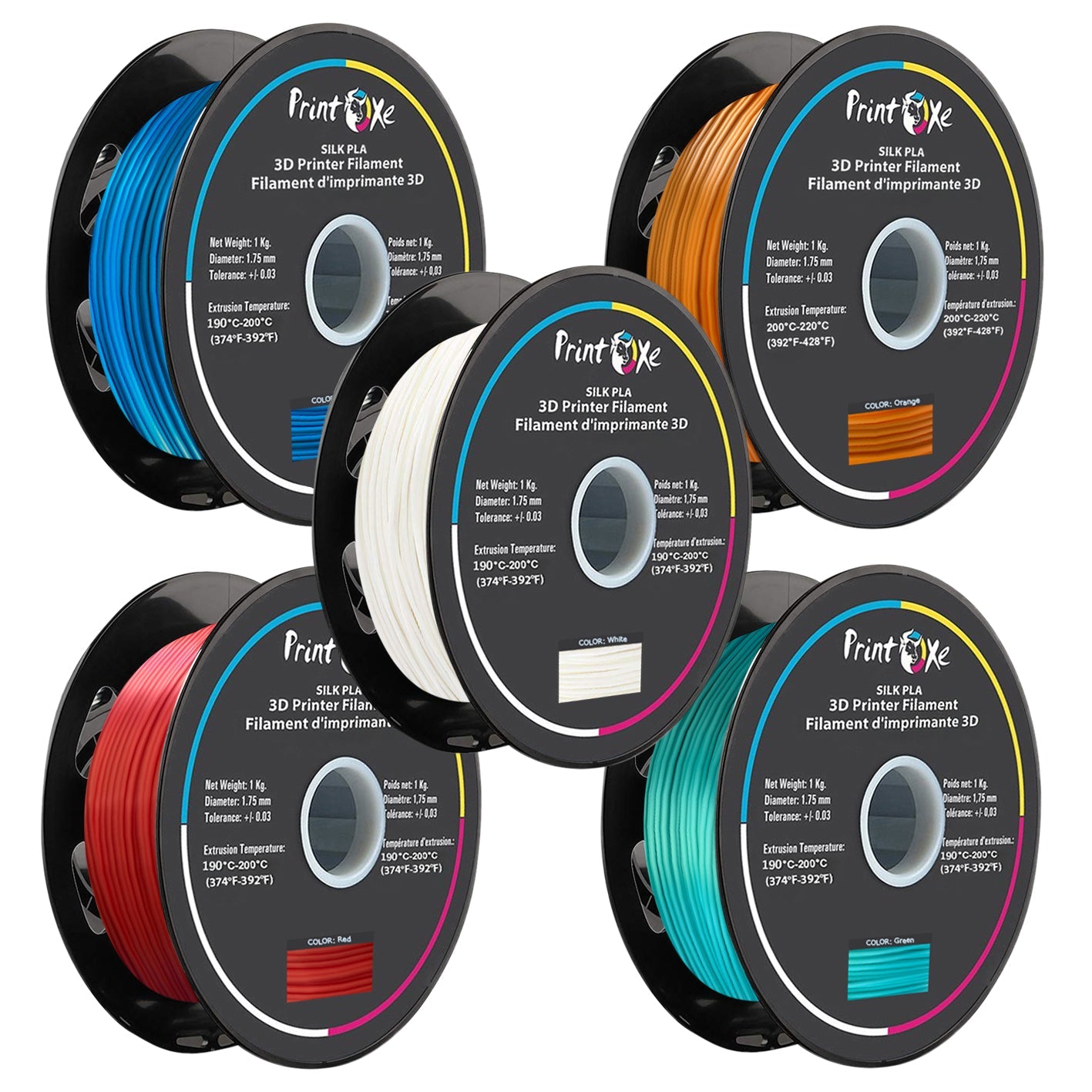 3D PLA like SILK Filament 5 PK of Blue Orange White Red Green Each Weight 1 Kg PRINTOXE Filament