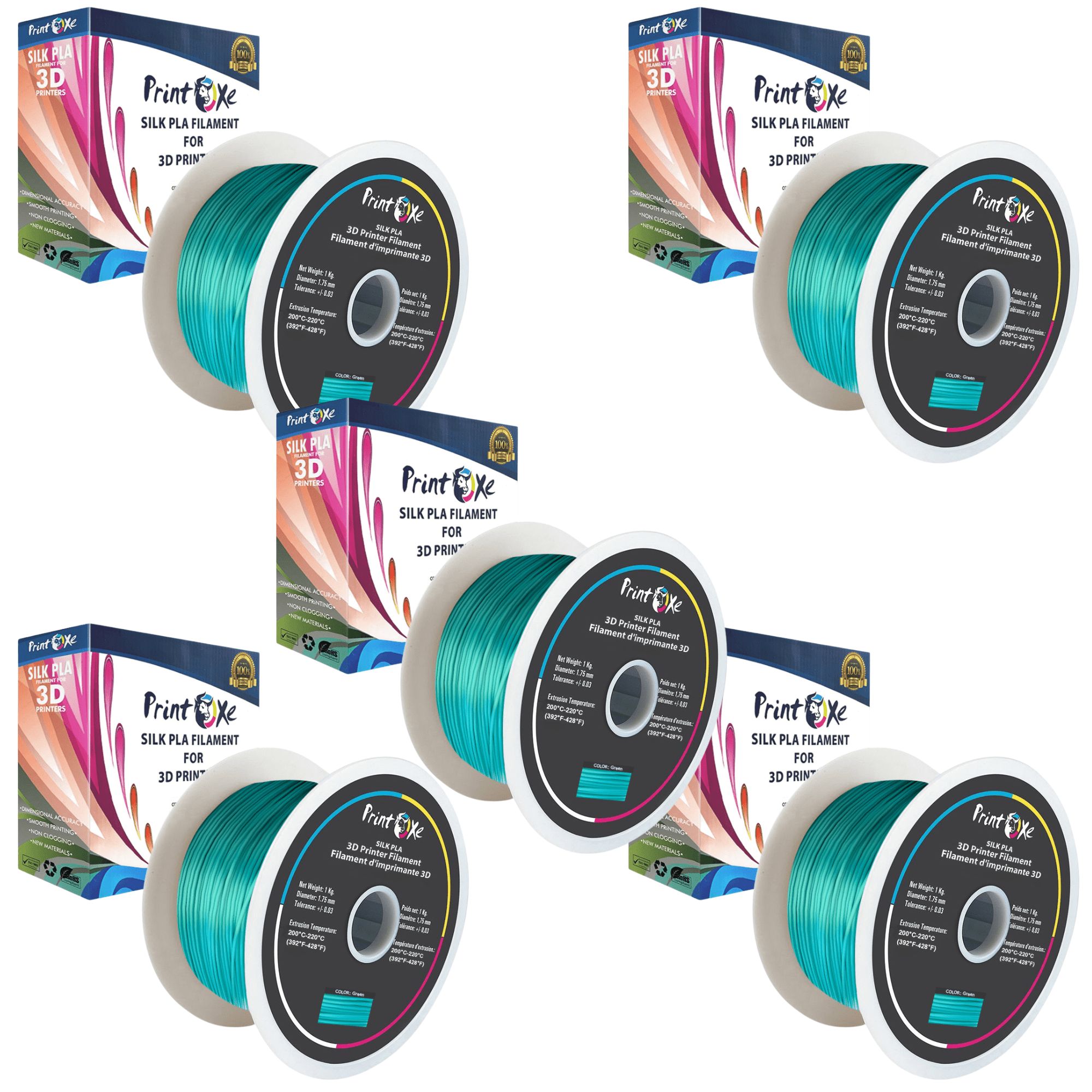 5 KG Net Material on 5 Spools of 3D PLA like SILK Filament 5 Packs (Pick From 9 Colors) 1.75 mm Diameter Each Spool Carry Material Weight 1 Kg (Net) PRINTOXE Filament