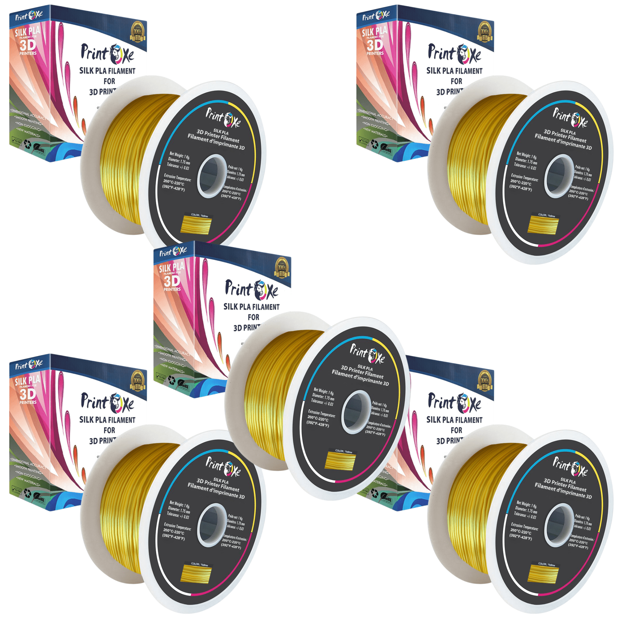 5 KG Net Material on 5 Spools of 3D PLA like SILK Filament 5 Packs (Pick From 9 Colors) 1.75 mm Diameter Each Spool Carry Material Weight 1 Kg (Net) PRINTOXE Filament