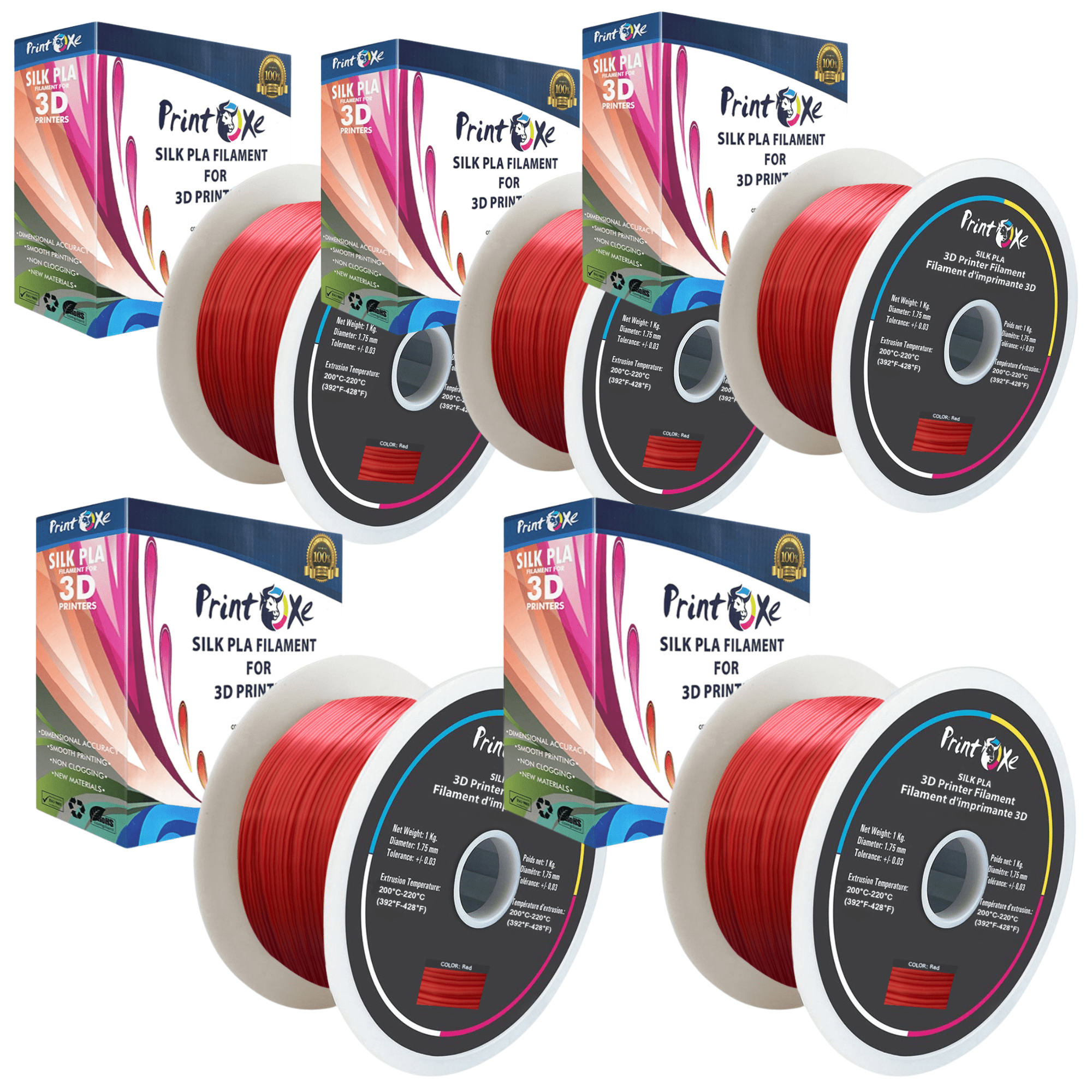 5 KG Net Material on 5 Spools of 3D PLA like SILK Filament 5 Packs (Pick From 9 Colors) 1.75 mm Diameter Each Spool Carry Material Weight 1 Kg (Net) PRINTOXE Filament