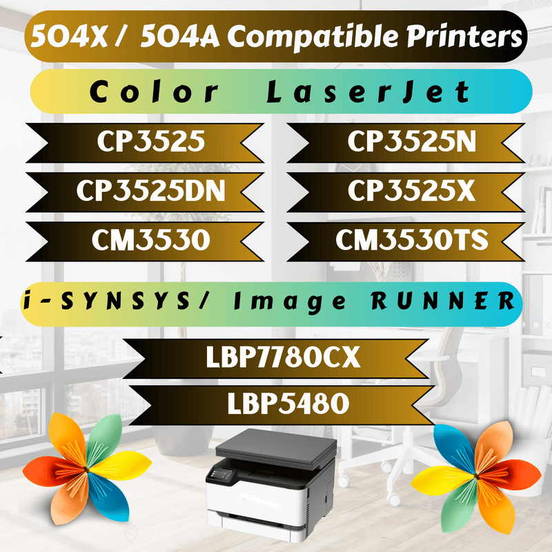 504X Compatible Set for HP CE250X CE251A CE252A CE253A ; 4 Toner Cartridges for Color Laserjet CP3525 CP3525N CP3525DN CP3525X CM3530 CM3530TS & LBP7780Cx LBP5480 - Pan Continent Inc. - PRINTOXE