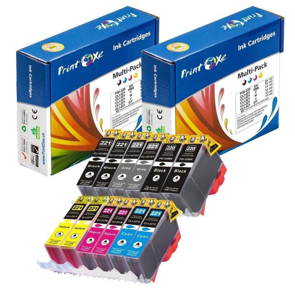 PGI 220 & CLI 221 Compatible 12 Cartridges Including 2 Grey for Canon PRINTOXE Ink Cartridge