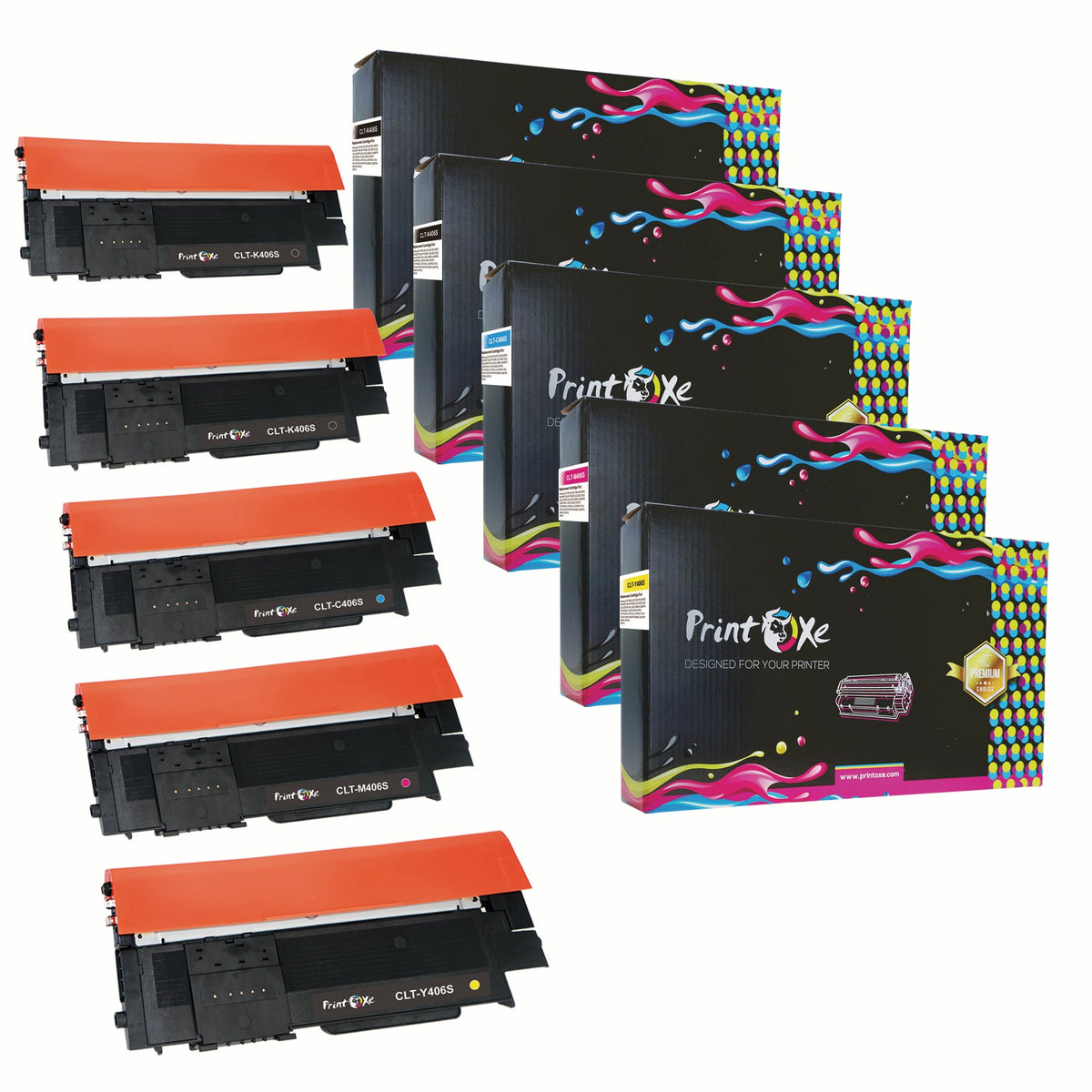 CLT-406S Set + Black of 5 Compatible Cartridges 406S for Samsung CLP 360 362 363 364 365 366 367 368 / CLX 3300 3302 3303 3304 3305 3306 3307 / SL C410W C412W C413W C460W C462W C463W C467W PRINTOXE Toner Cartridges