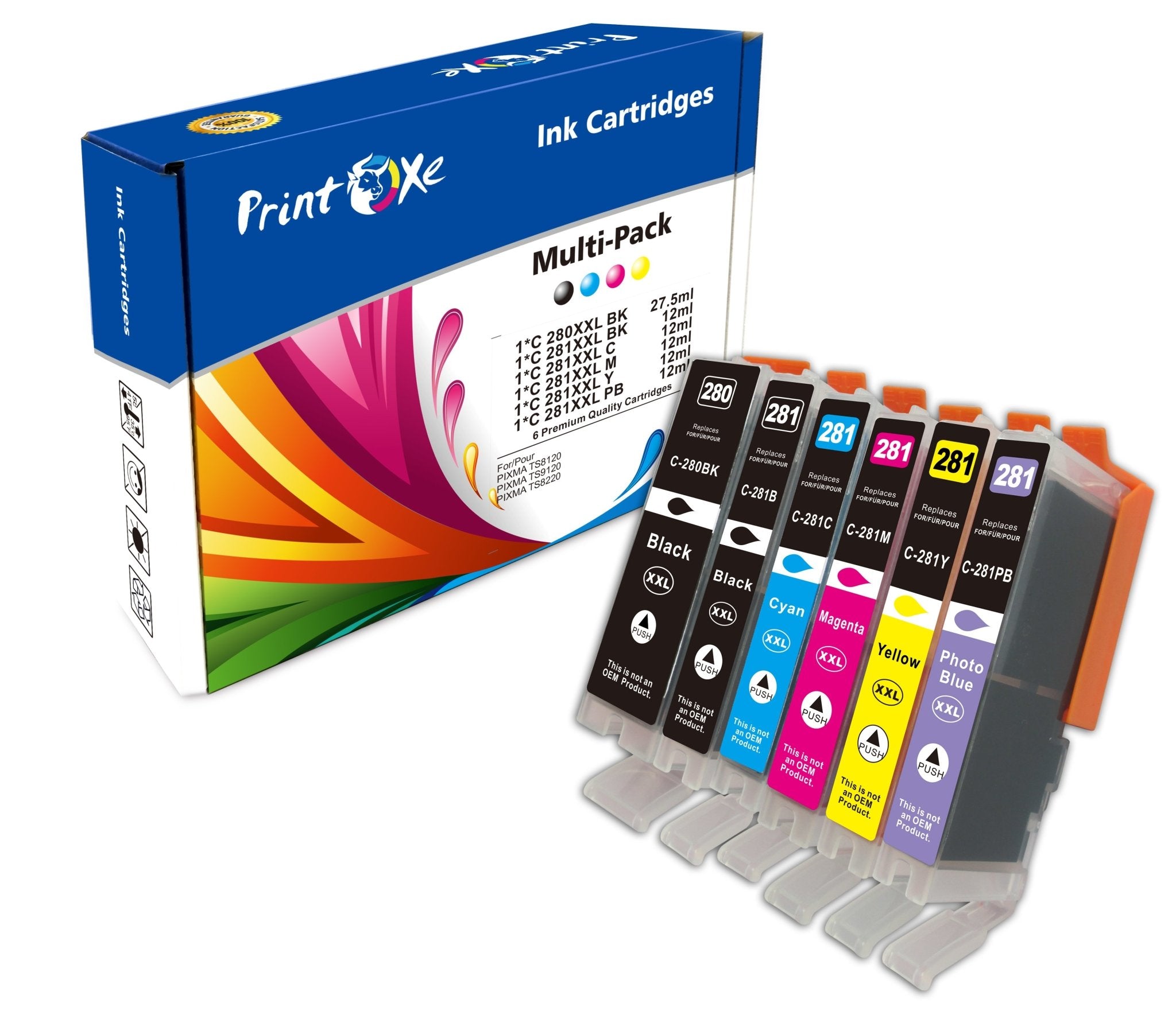 PGI 280 / CLI 281 XXL Set of 6 Ink Cartridges with Photo Blue for Canon Pixma TS8100 TS8120 TS8200 TS8220 TS8300 TS8320 TS9100 TS9120 TS8222 TS8322 PRINTOXE Ink Cartridge