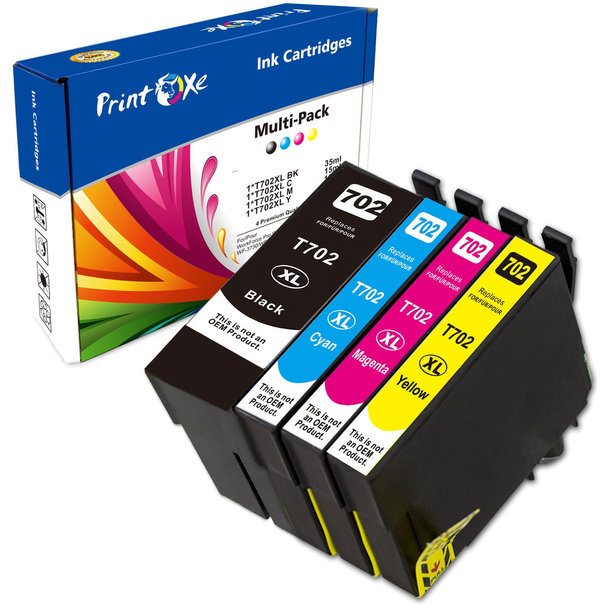 T702 XL Remanufactured Set | 4 Ink Cartridges | High Yield of EPSON T702 High Yield | Black, Cyan, Magenta, Yellow | 702 for Epson Workforce Pro WF-3720 WF-3730 WF-3733 PRINTOXE Ink Cartridge