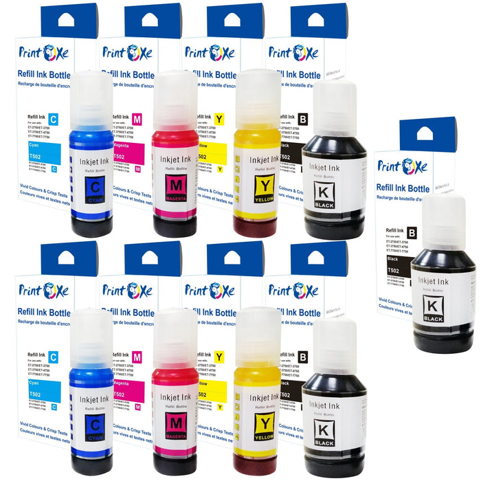 T502 Compatible Ink 9 Refill Bottles; 2 Sets plus Black For Epson ET 2700 2750 2760 2850 3700 3710 3750 3760 4700 4750 4760 4700 4750 4760 7700 7750 15000 and ST 2000 3000 4000 PRINTOXE Refill Bottles