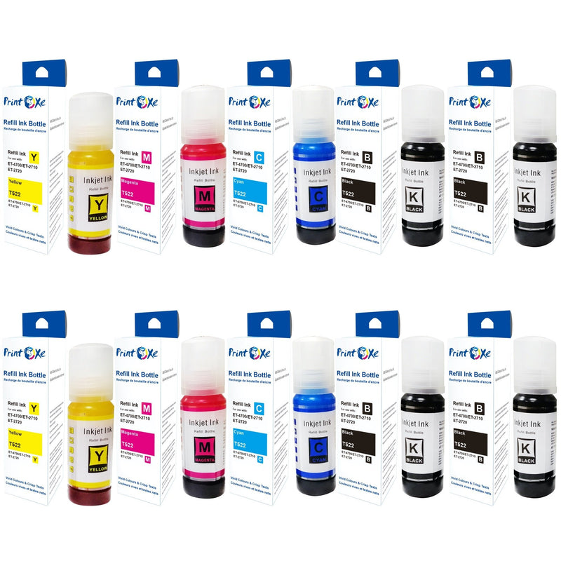 T522 Compatible 10 Ink Refill Bottles 2 Sets plus 2 Black 522 Ink | Black T522120 | Cyan T522220 | Magenta T522320 | Yellow T522420 for Epson EcoTank Printers ET 1110 / 2710 / 2720 / 4700 PRINTOXE Refill Bottles