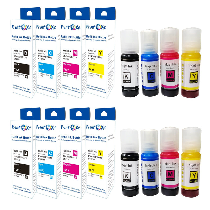 T522 Compatible 8 Ink Refill Bottles 2 Sets 522 Ink | Black T522120 | Cyan T522220 | Magenta T522320 | Yellow T522420 for Epson EcoTank Printers ET 1110 / 2710 / 2720 / 4700 PRINTOXE Refill Bottles