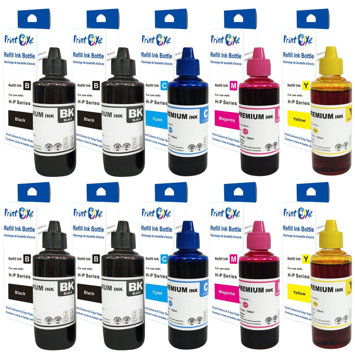 Universal Ink Refill 10 Bottles 370 of 2 Sets + 2 Black for Desktop CISS & Cartridges (Refill Kit Not Included) Canon & HP Models 61 60 62 63 64 65 950 951 564 920 901 902 952 XL and Many Others PRINTOXE Refill Bottles